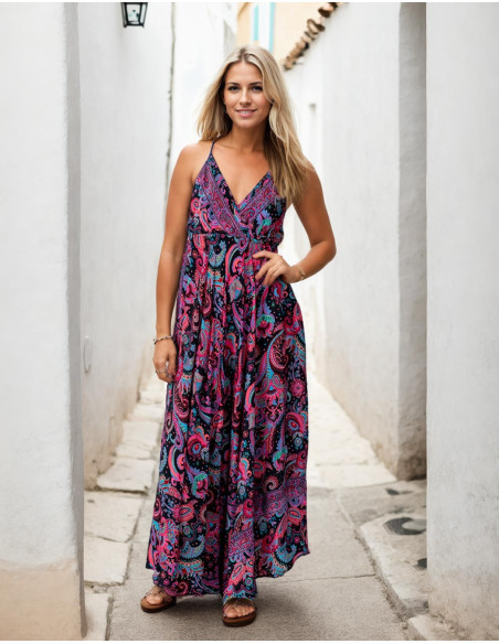 Vestido Longo de Seda com Desenhos Étnicos