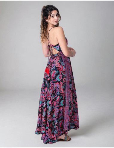 Long Silk Dress with Ethnic Drawings