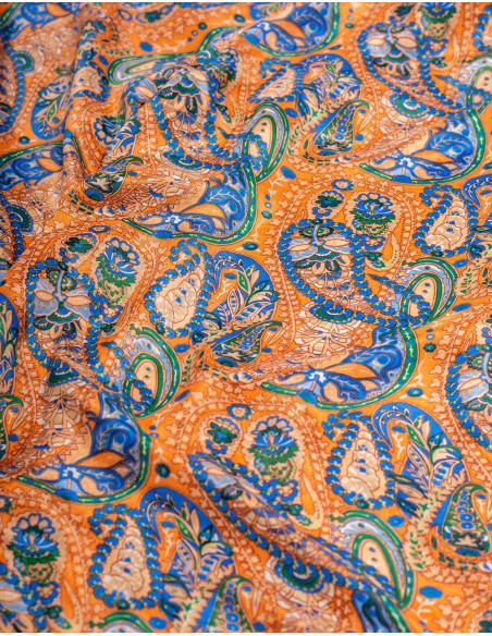 Silk Shorts with Paisley Print Orange Background