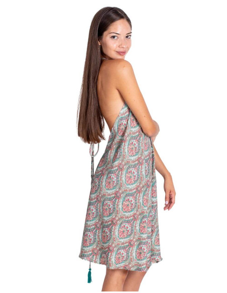 Fresh Printed Silk Backless Dress