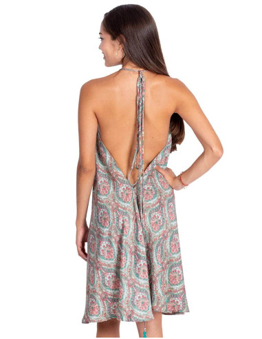 Fresh Printed Silk Backless Dress