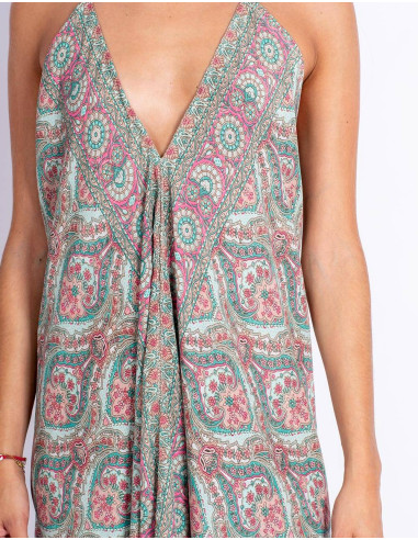 Vestido de seda estampado fresco sem costas