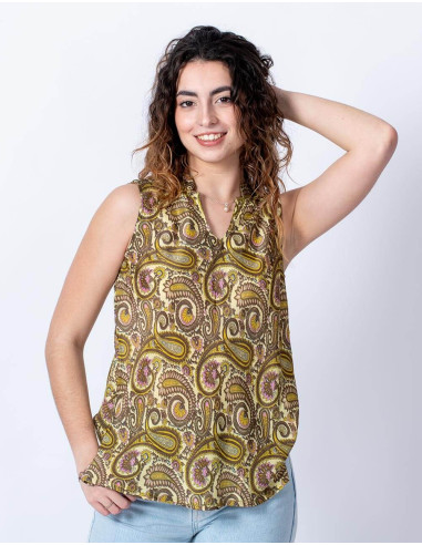 Basic Sleeveless Silk T-shirt with Paisley Print