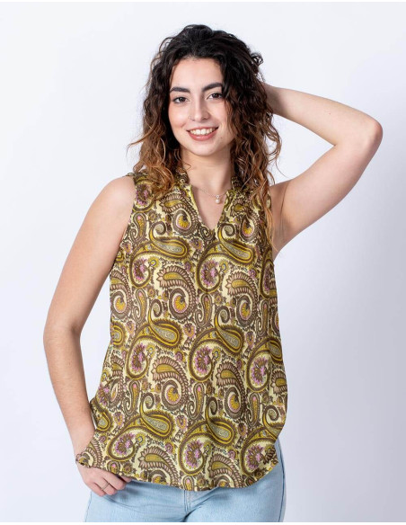 T-shirt basique sans manches en soie à imprimé cachemire