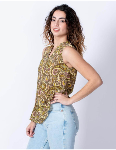 Basic Sleeveless Silk T-shirt with Paisley Print