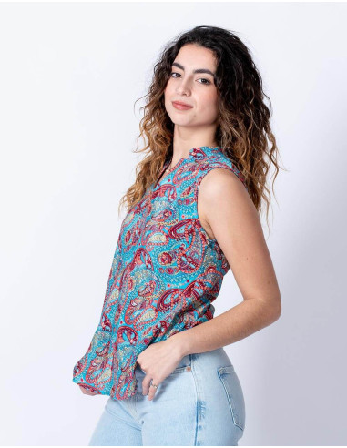 T-shirt en soie imprimé sans manches basique et...