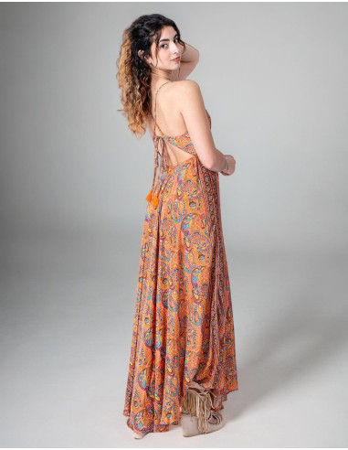 Long Hippie Style Printed Silk Dress with...