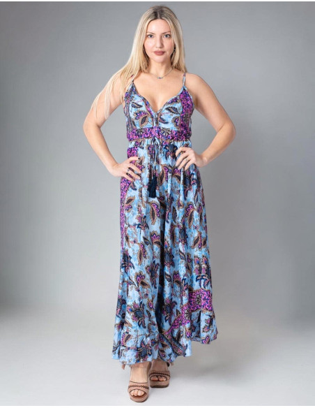 Hippie Style Long Dress with Light Blue Background Print