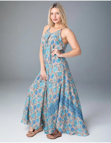 Robe longue et large en soie à fond gris et...