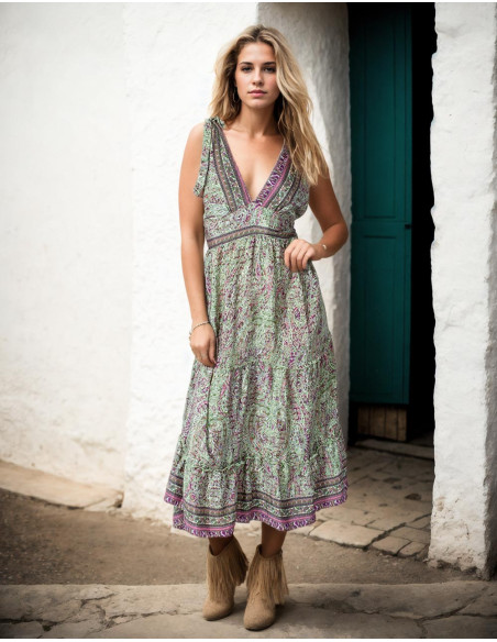 Robe d'été à bretelles avec nœud en soie imprimé