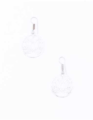 Round Earrings with Lotus Flower Carved in...