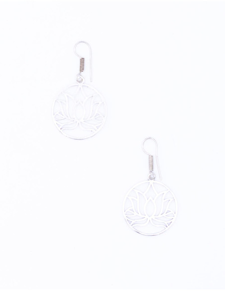 Round Earrings with Lotus Flower Carved in Handmade Brass