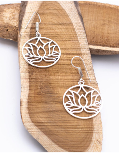 Round Earrings with Lotus Flower Carved in Handmade Brass