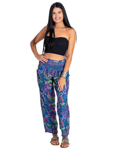Pantalon droit en soie imprimé bleu à motif fleuri multicolore