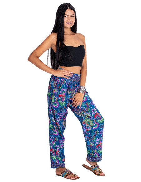 Gerade geschnittene, blau bedruckte Seidenhose mit mehrfarbigem Blumenmuster