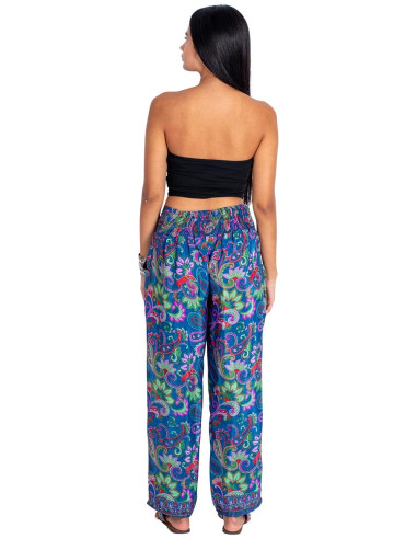 Pantaloni dritti in seta stampata blu con...