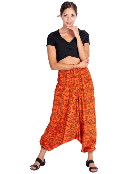 Orangefarbene Saruel-Hose im Hippie-Stil mit Om-Symbol aus Baumwolle