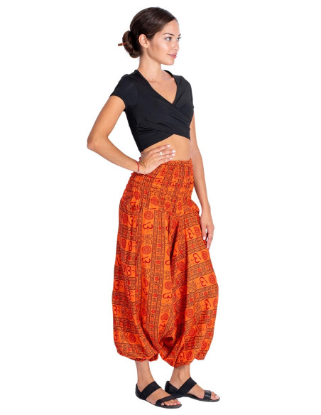 Calça saruel estilo hippie laranja com símbolo Om de algodão