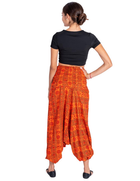 Orangefarbene Saruel-Hose im Hippie-Stil mit Om-Symbol aus Baumwolle