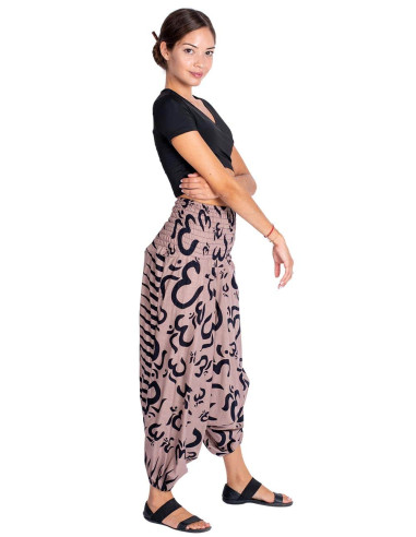 Sarouel en coton marron avec symboles Om noirs...