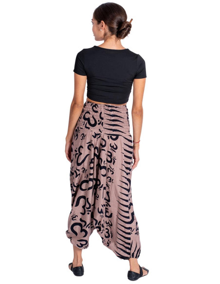 Pantaloni afghani in cotone marrone con simboli Om neri disegnati irregolarmente