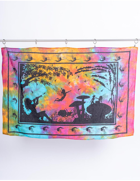 Tapeçaria de Passagem Multicolor com Flautista, Fadas e Cogumelos - Magia e Fantasia