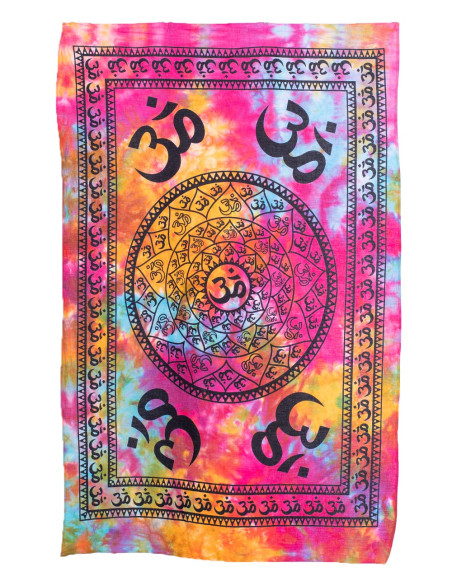 Arazzo con simbolo Om con sfondo multicolore tie-dye: armonia ed energia bohémien