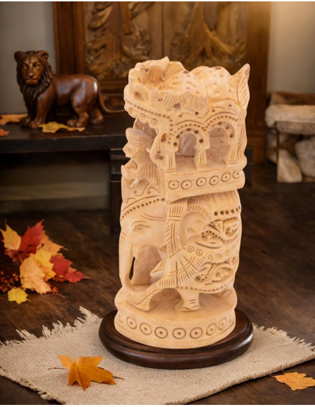 Statua di elefante intagliato in legno con altare - Arte etnica da 6 pollici