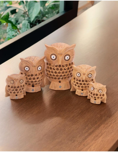 Conjunto de 5 Búhos Tallados en Madera - Artesanía en Diferentes Tamaños
