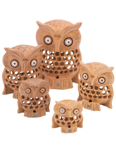 Conjunto de 5 Búhos Tallados en Madera -...