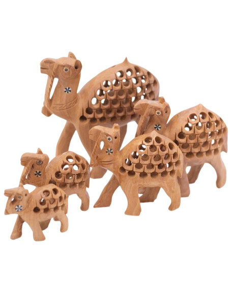 Set aus 5 holzgeschnitzten Kamelen – einzigartiges Treppenhaus-Kunsthandwerk