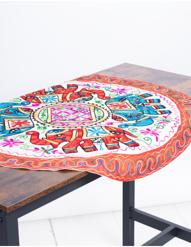 Toalha de mesa redonda bordada à mão com elefantes - artesanato exclusivo da Índia