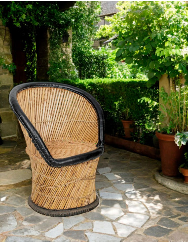 Sillón individual de yute con detalles en piel sintética: Artesanía india, confort exclusivo
