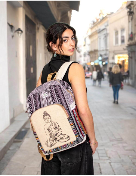 Mochila unissex de cânhamo étnico: artesanato indiano autêntico com design exclusivo de Buda