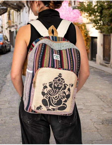 Zaino unisex in canapa Kimago : esclusivo artigianato indiano con esclusivo design Ganesha