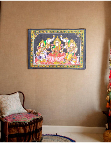 Exklusive Hindu-Kunst: Handgefertigter Wandteppich mit Göttern und Pailletten – 100 % Baumwolle
