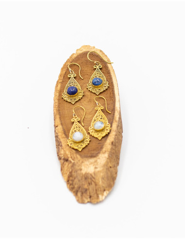 Hand-Carved Brass Earrings with Natural Stone –...