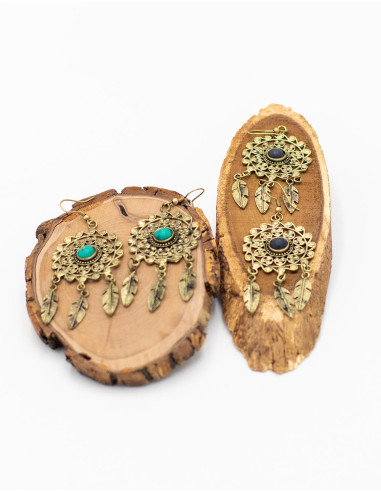 Handmade Brass Earrings with Natural Stone and Dangling Leaves