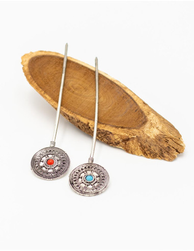 Grampo de cabelo de latão banhado a prata com ornamento circular e pedra natural