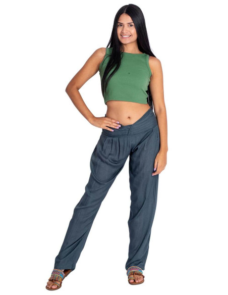 Pantalon droit gris à col en V – Élégance et confort ethniques