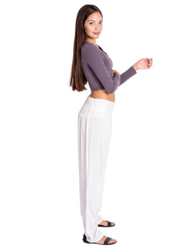 Off-white straight-leg trousers with a peak...