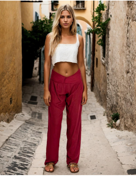 Burgundy straight-leg trousers with a V-shaped detail – Ethnic fashion with a handcrafted soul