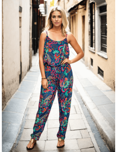 Tuta in seta blu con stampa multicolore – Eleganza artigianale indiana