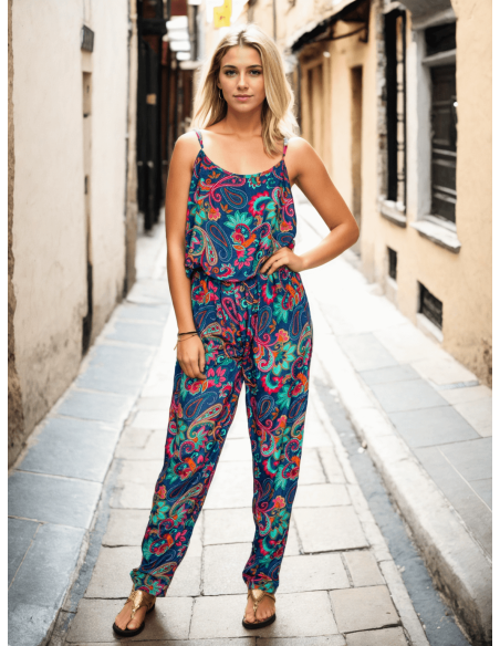 Blue silk jumpsuit with multi-colored print – Indian handcrafted elegance