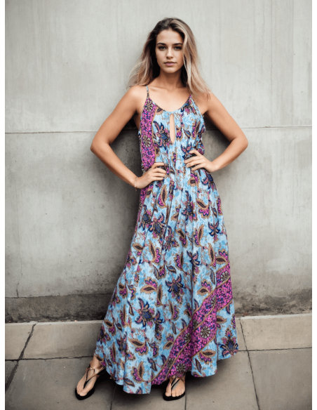 Long light blue silk dress with flowers – Boho design with an Indian soul