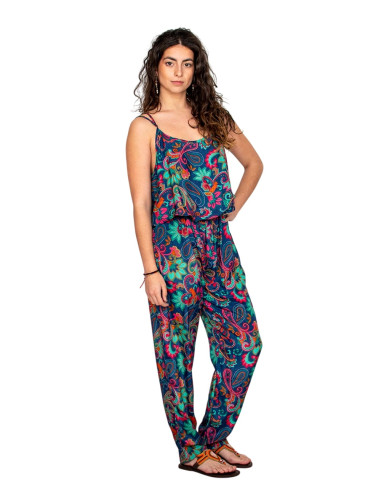Tuta in seta blu con stampa multicolore –...