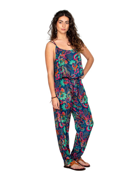 Blauer Seidenoverall mit mehrfarbigem Druck – indische handgefertigte Eleganz