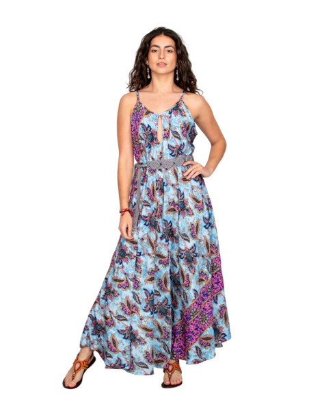 Vestido longo de seda azul claro com flores – Design boho com alma indiana