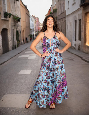 Abito lungo in seta celeste con fiori – Design...