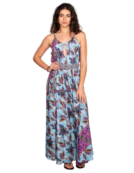 Vestido longo de seda azul claro com flores – Design boho com alma indiana
